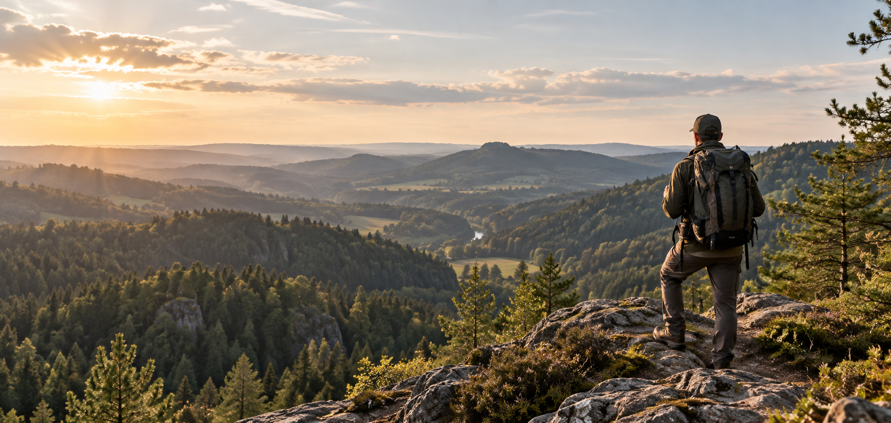 Wanderer blickt über eine bewaldete Landschaft