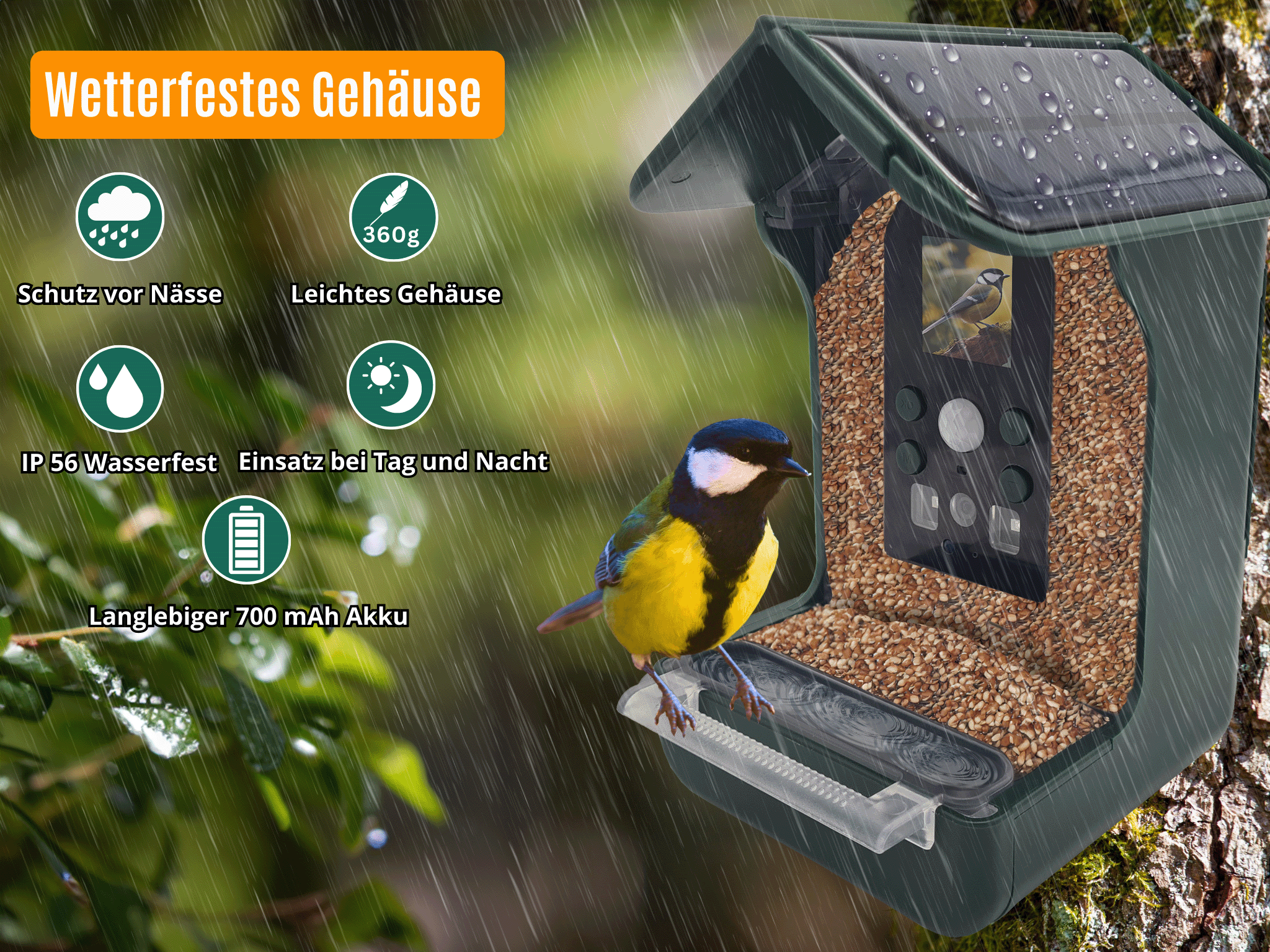 Vogel-Futterhaus mit Kamera und Solar