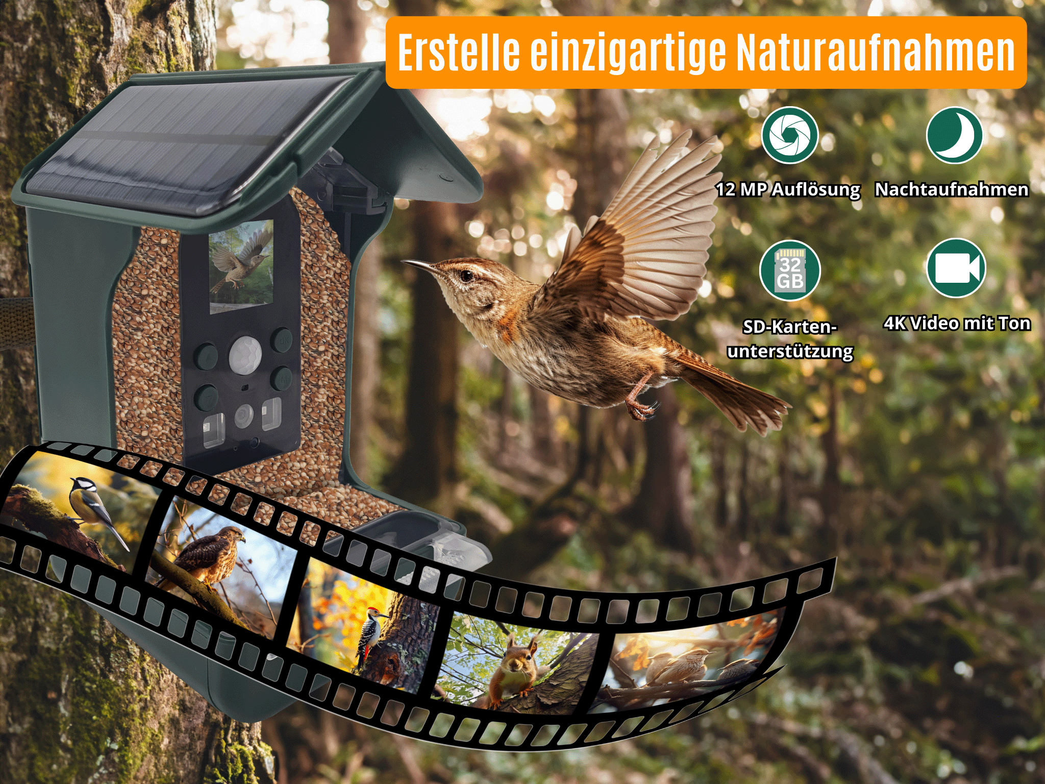 Vogel-Futterhaus mit Kamera und Solar